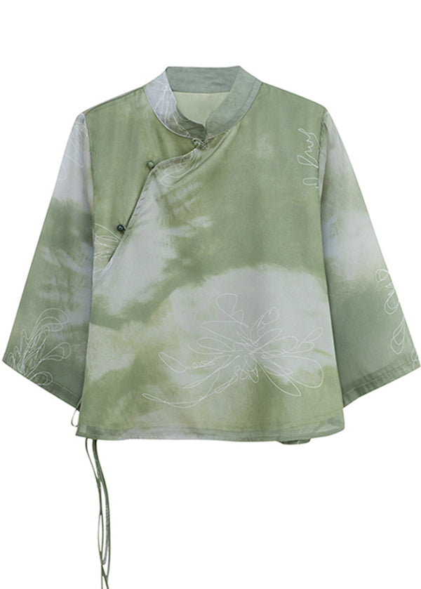 Women Green Stand Collar Tie Dye Silk Blouses Summer