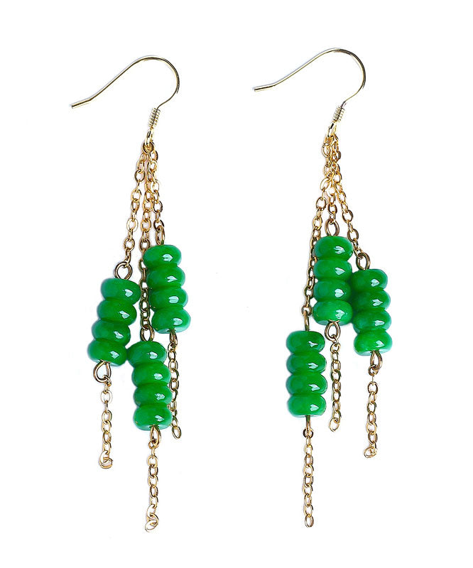 Women Green Sterling Silver Overgild Dry Green Abacus Tassel Drop Earrings