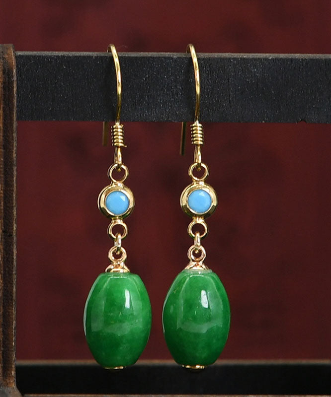 Women Green Sterling Silver Overgild Inlaid Jade Drop Earrings