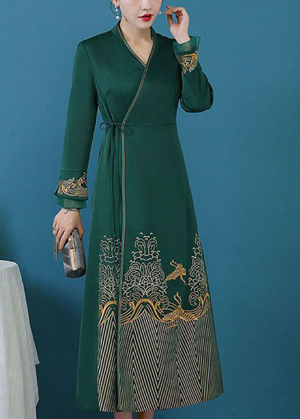 Women Green Tie Waist Print Silk Cinch Dress Fall