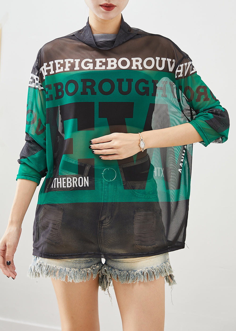 Women Green Turtle Neck Letter Print Tulle Tops Fall