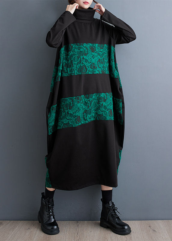 Women Green Turtleneck Patchwork Print Pockets Maxi Dresses Fall