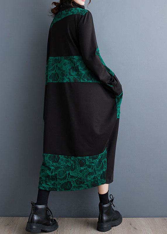 Women Green Turtleneck Patchwork Print Pockets Maxi Dresses Fall