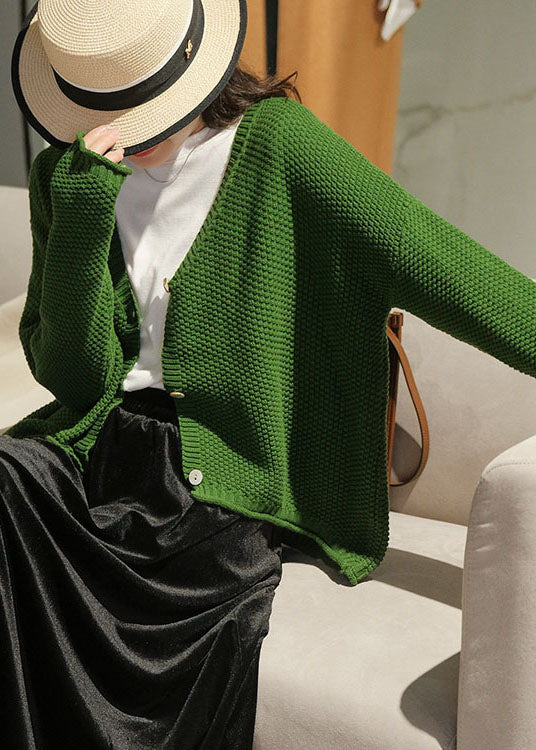 Women Green V Neck Button Knit Loose Cardigans Fall