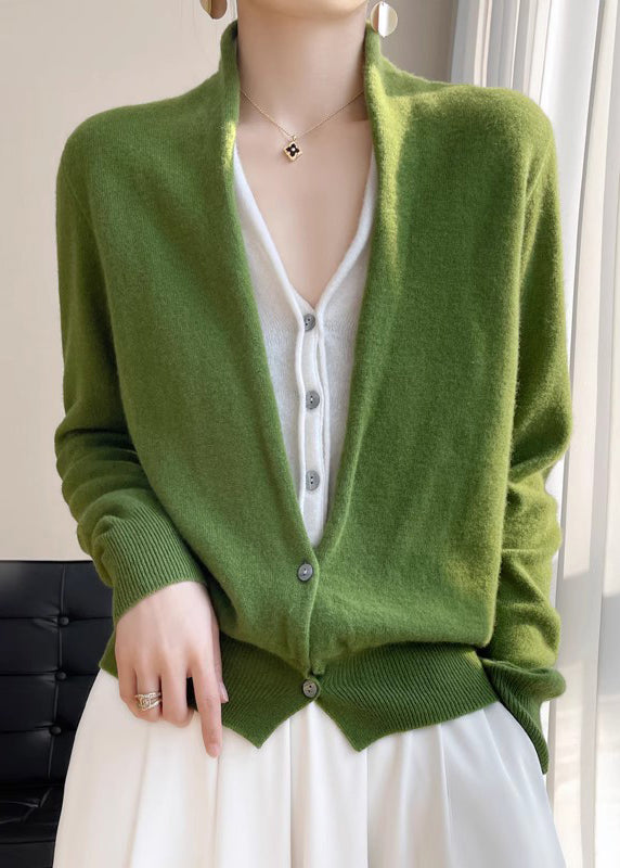 Women Green V Neck Button Patchwork Wool Knit Top Fall