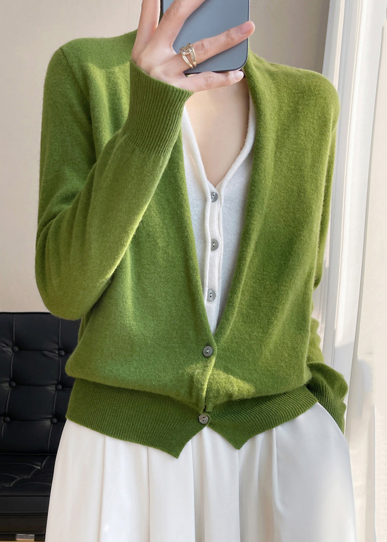 Women Green V Neck Button Patchwork Wool Knit Top Fall