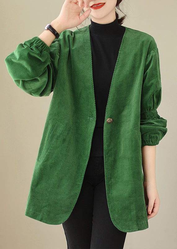 Women Green V Neck Button Pockets Corduroy Coats Fall