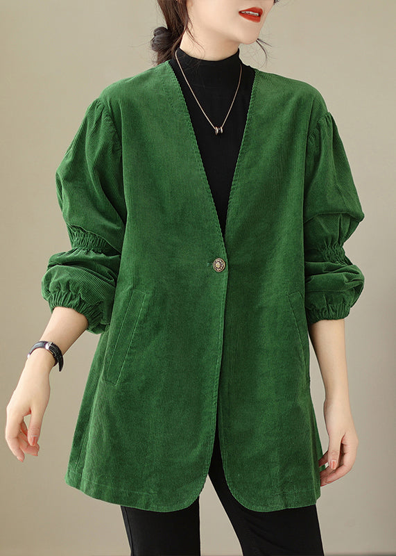 Women Green V Neck Button Pockets Corduroy Coats Fall