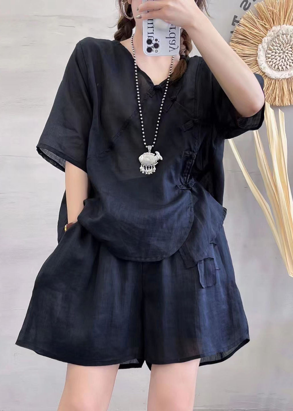 Women Green V Neck Chinese Button Pockets Patchwork Cotton Two Pieces Set Summer