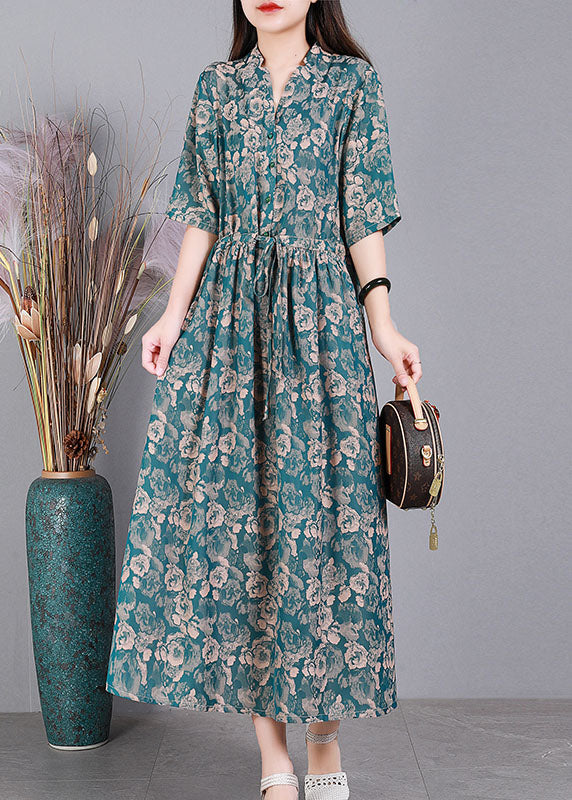 Women Green V Neck Drawstring Print Silk Long Dress Short Sleeve