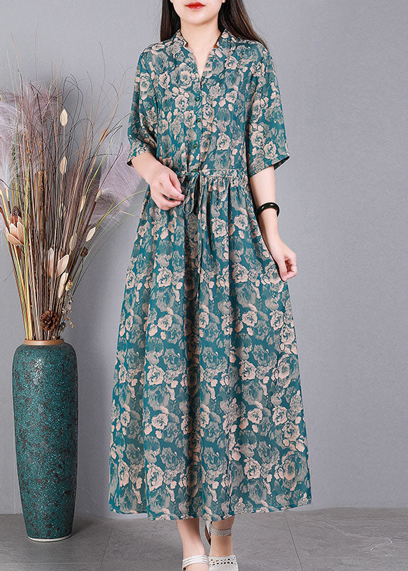 Women Green V Neck Drawstring Print Silk Long Dress Short Sleeve