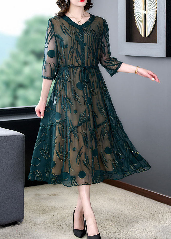 Women Green V Neck Embroideried Patchwork Silk Dress Summer