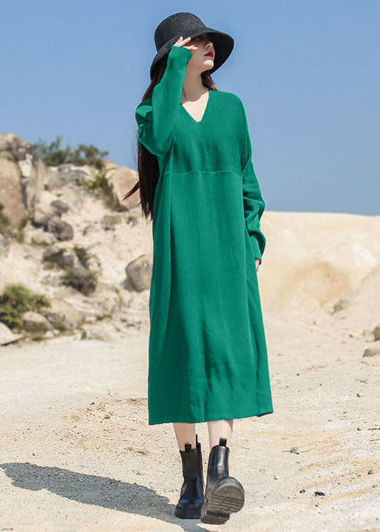 Women Green V Neck Patchwork Knit Maxi Dress Spring