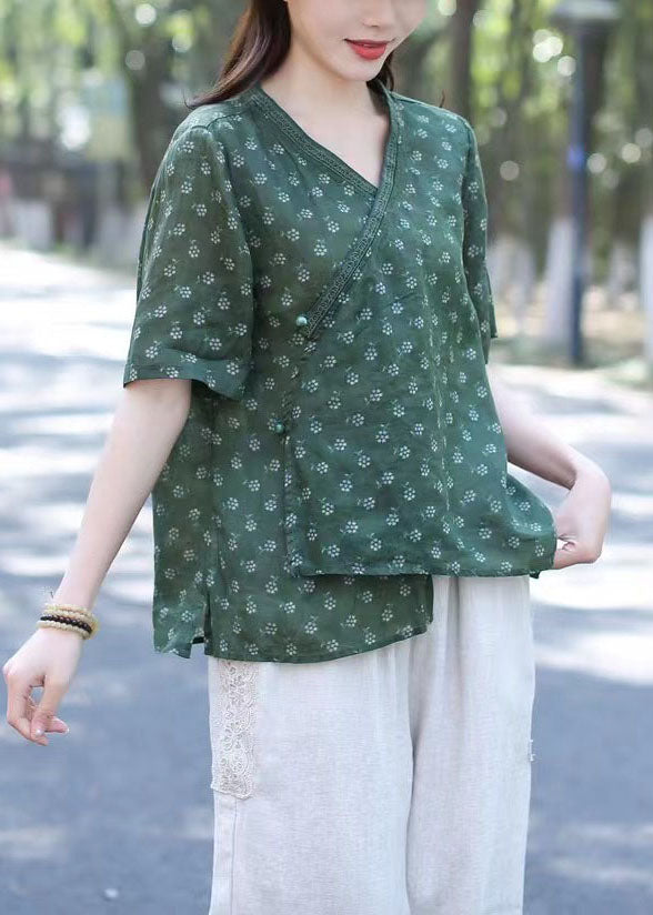 Women Green V Neck Print Patchwork Linen Blouses Summer