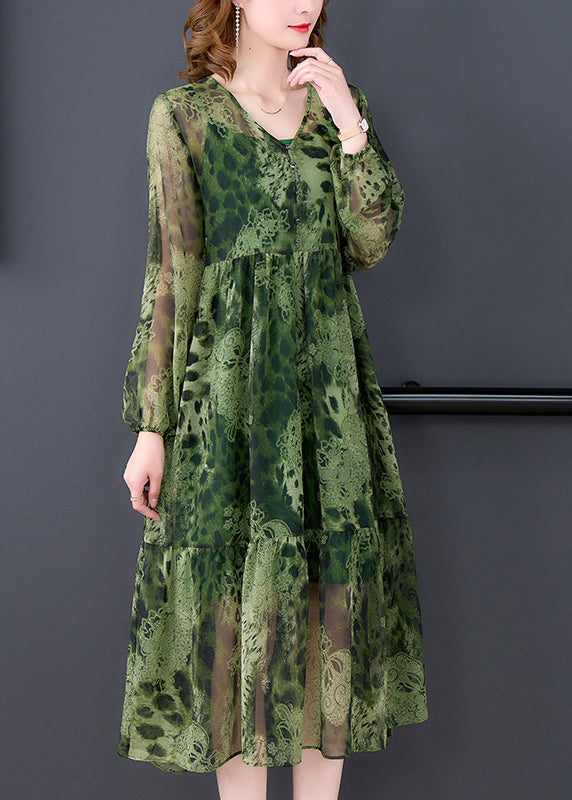 Women Green V Neck Ruffles Print Chiffon Long Dress Two Piece Set Long Sleeve