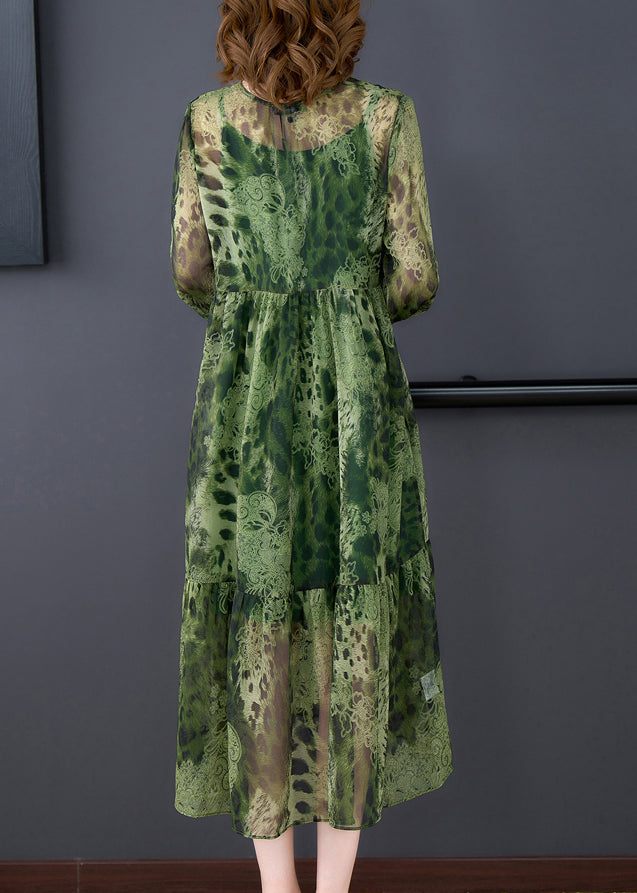 Women Green V Neck Ruffles Print Chiffon Long Dress Two Piece Set Long Sleeve