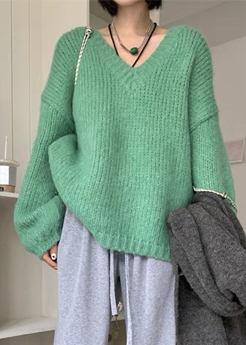 Women Green V Neck Solid Cotton Knit Sweaters Long Sleeve