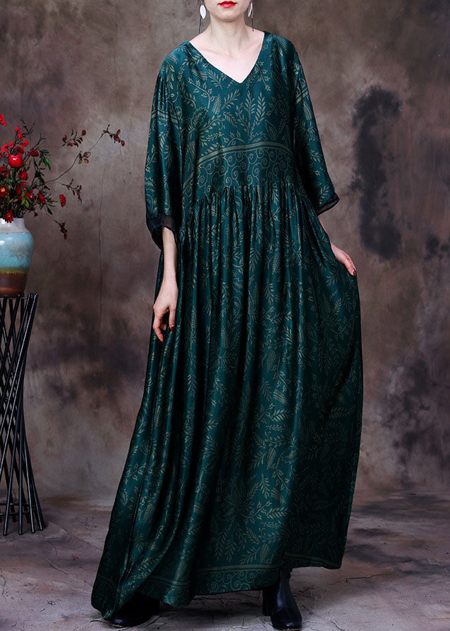 Women Green V Neck Wrinkled Print Silk Maxi Dresses Bracelet Sleeve