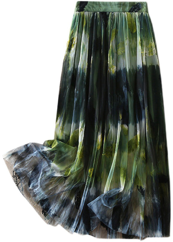Women Green high waist Print Tulle Skirt Spring