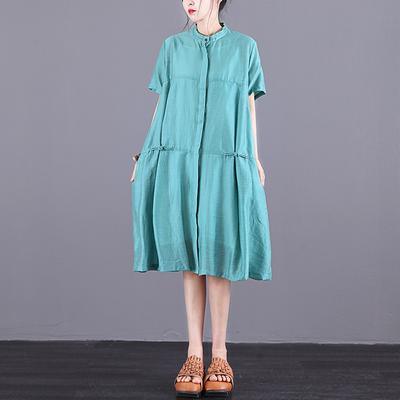 Women Green linen clothes For Women boutique Stand Collar Summer Short Sleeve Dress - Omychic