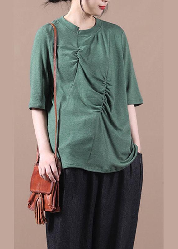 Women Green wrinkled Knit Blouses Half Sleeve - Omychic