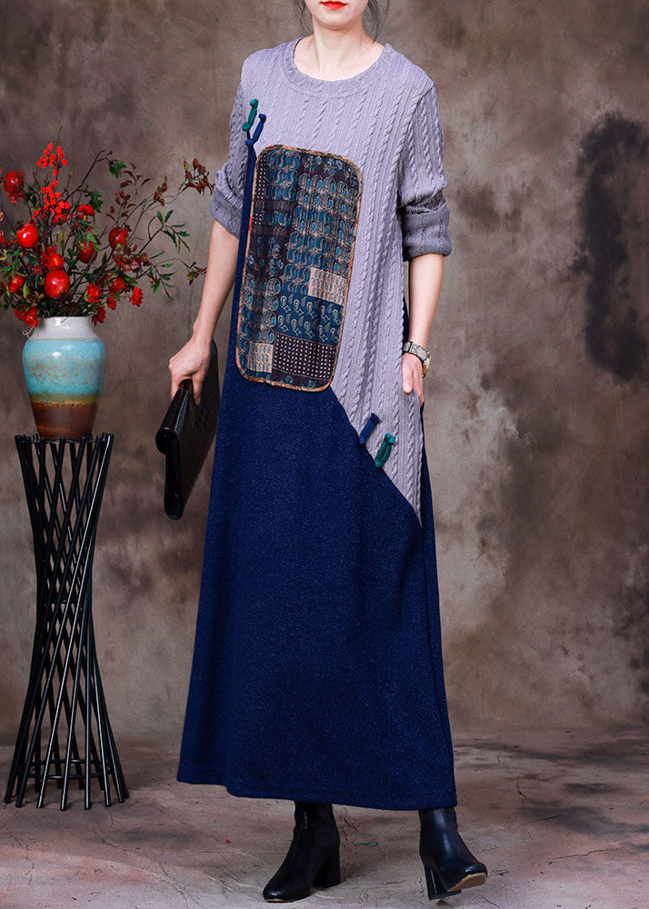 Women Grey Blue Patchwork Oriental Button Knit Sweater Dress Long Sleeve