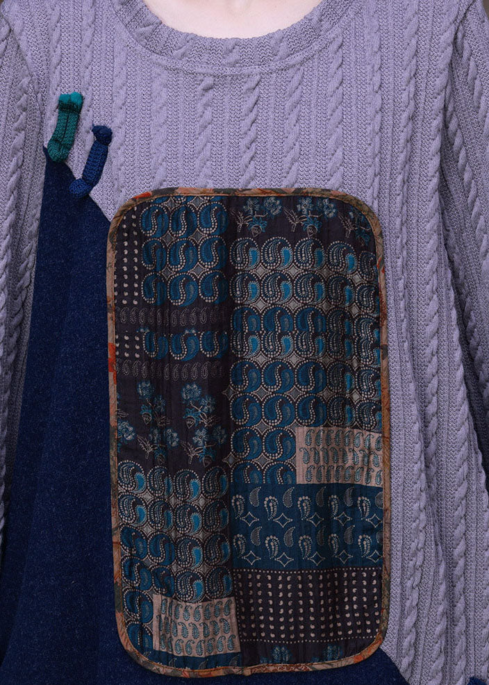 Women Grey Blue Patchwork Oriental Button Knit Sweater Dress Long Sleeve