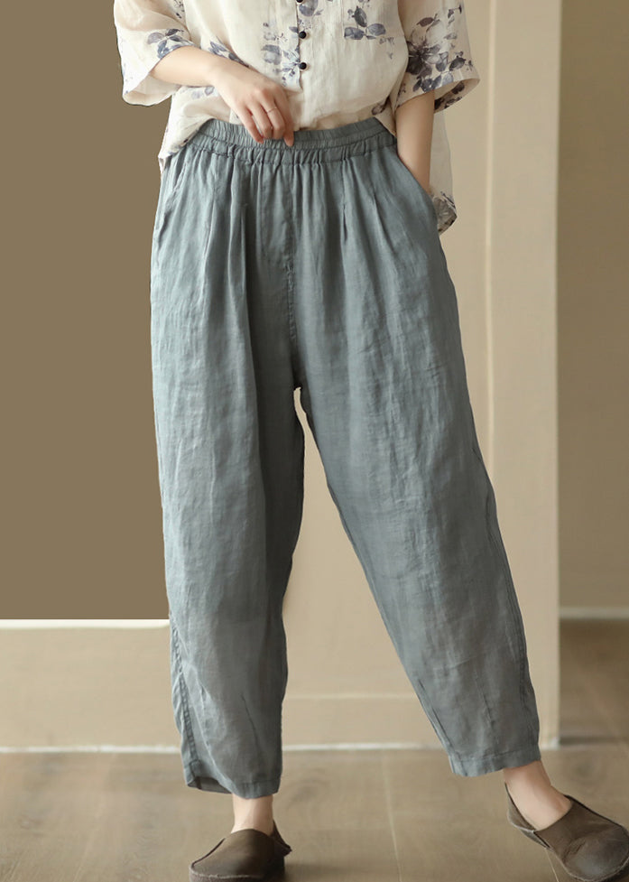 Women Grey Cozy Pockets High Waist Linen Harem Pants