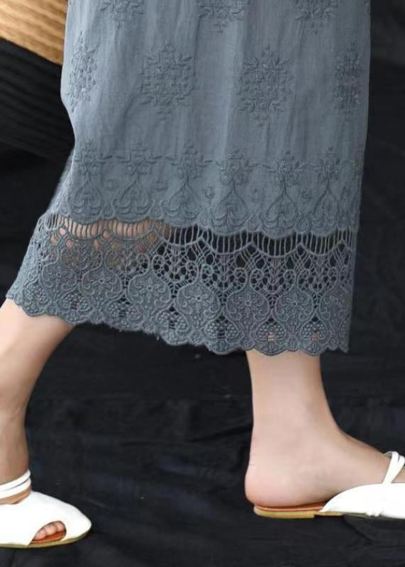 Women Grey Embroidered Elastic Waist Cotton Crop Pants Summer