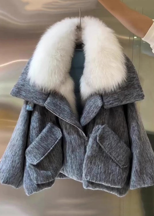 Women Grey Fur Collar Pockets Cotton Filled Coat Winter