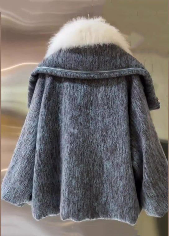 Women Grey Fur Collar Pockets Cotton Filled Coat Winter