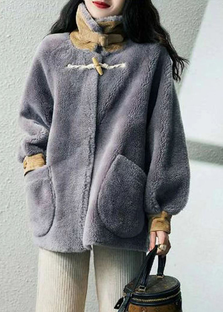 Women Grey Hign Neck Pockets Patchwork Wool Coats Winter