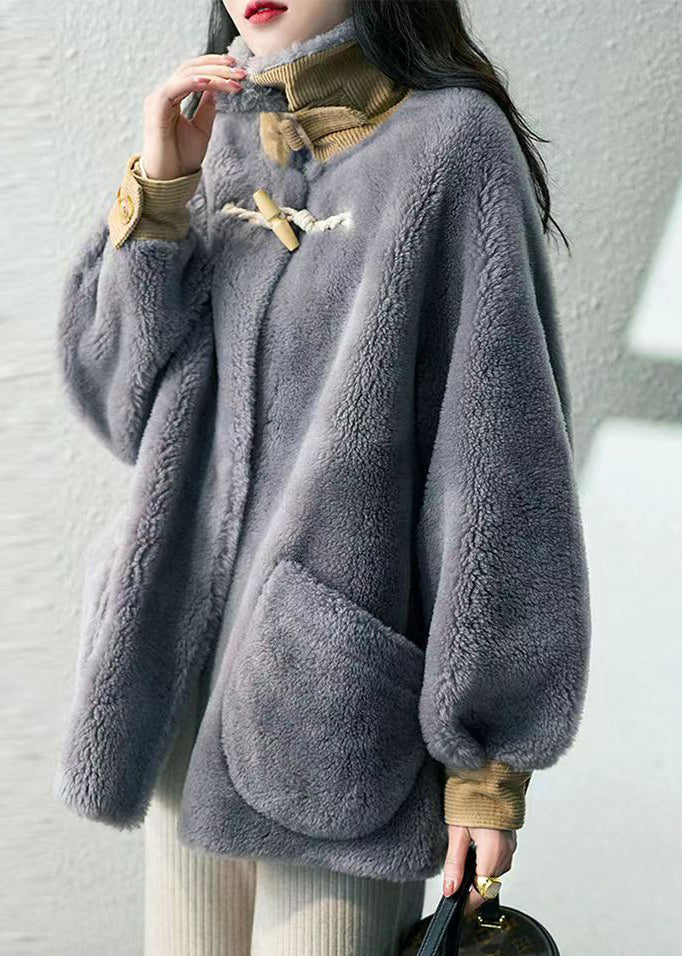 Women Grey Hign Neck Pockets Patchwork Wool Coats Winter