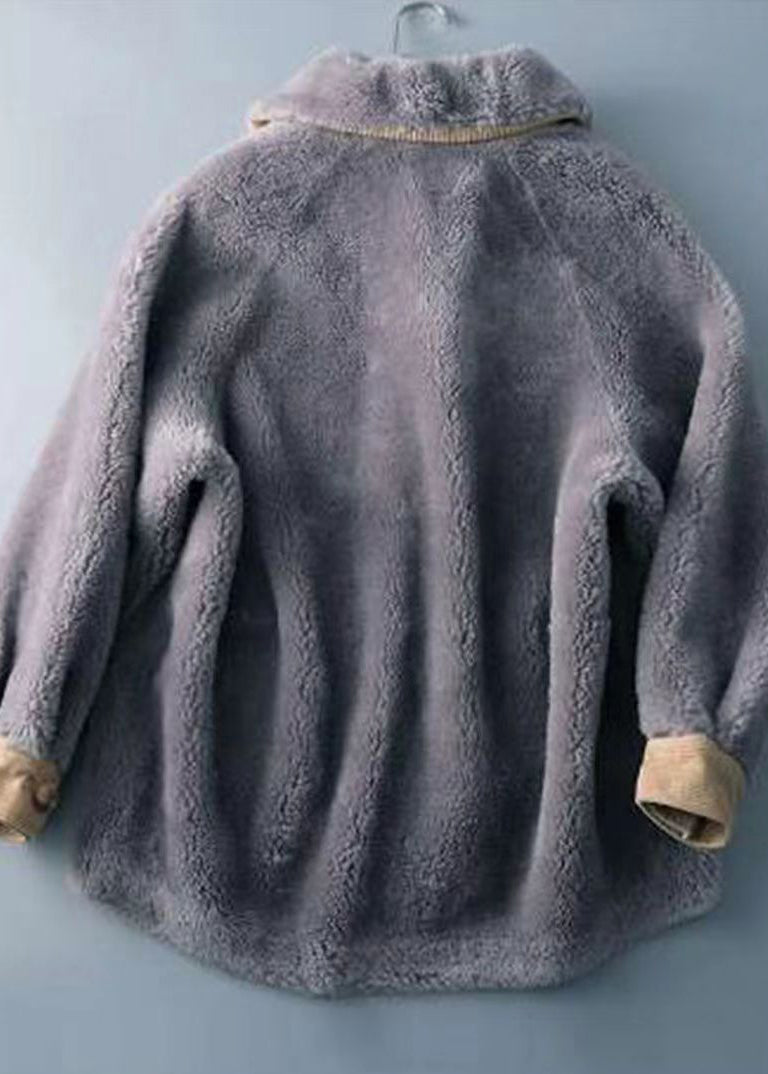 Women Grey Hign Neck Pockets Patchwork Wool Coats Winter