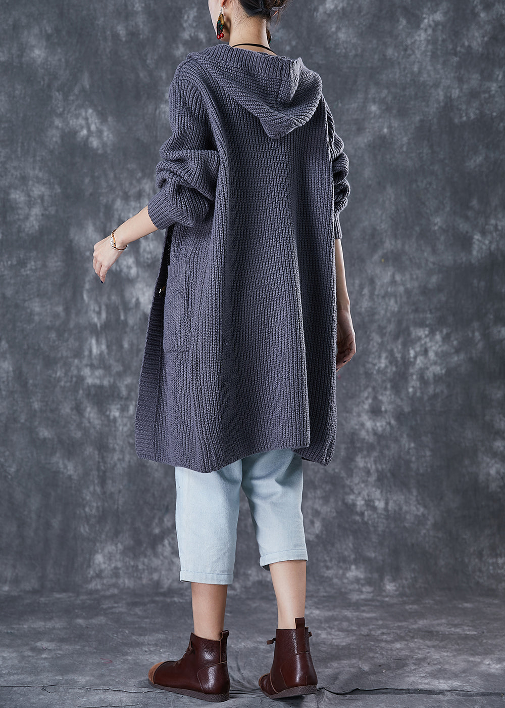 Women Grey Hooded Oversized Knit Cardigan Fall