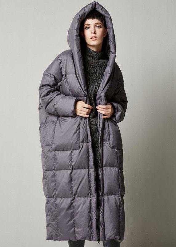 Women Grey Loose hooded long Winter Duck Down down coat - Omychic