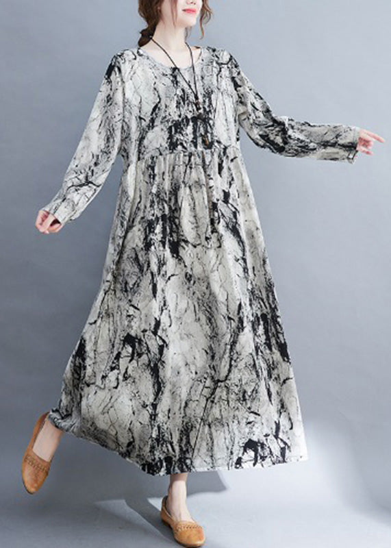 Women Grey O-Neck Patchwork Print Cozy Long Dress Fall