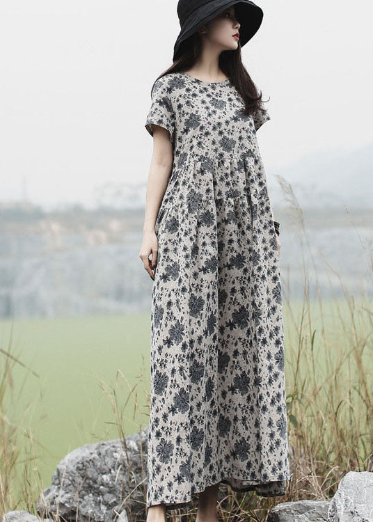 Women Grey O-Neck Print Long Dress Short Sleeve (Limited Stock)