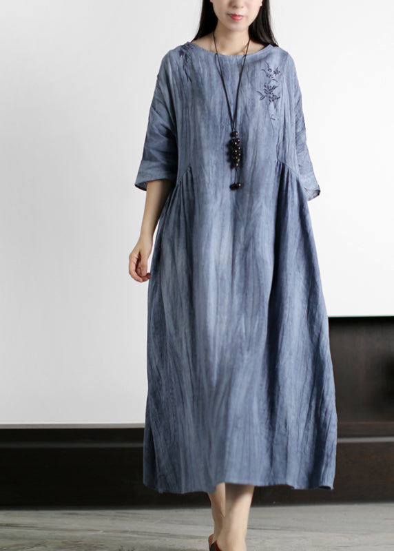 Women Grey O-Neck Wrinkled Embroideried Linen Dress Half Sleeve