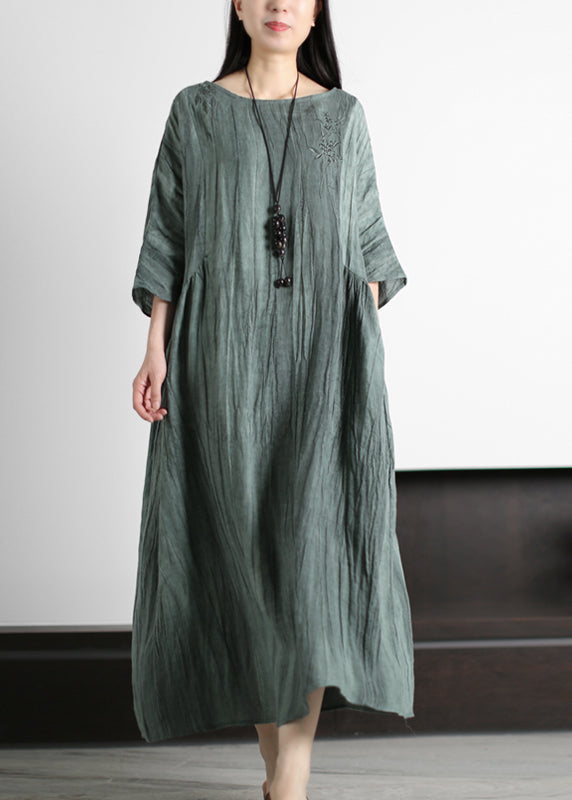 Women Grey O-Neck Wrinkled Embroideried Linen Dress Half Sleeve