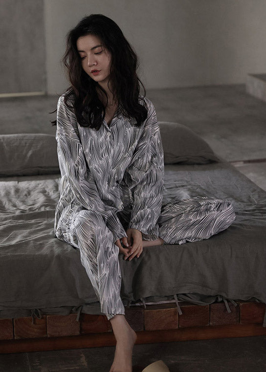Women Grey Peter Print Button Cotton Pajamas Two Pieces Set Long Sleeve