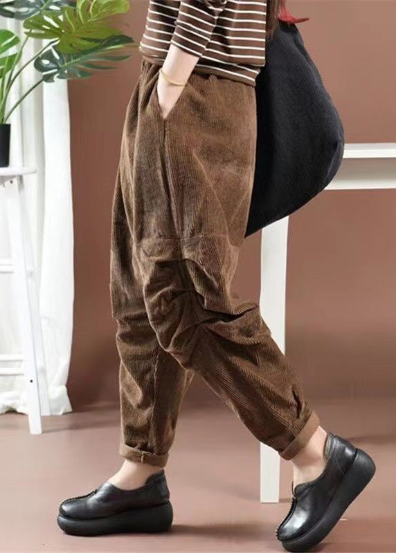 Women Grey Pockets Elastic Waist Corduroy Crop Pants Spring