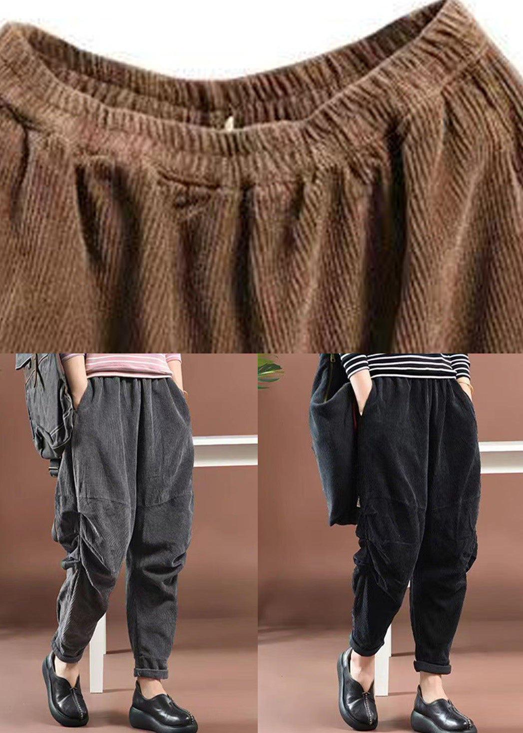 Women Grey Pockets Elastic Waist Corduroy Crop Pants Spring