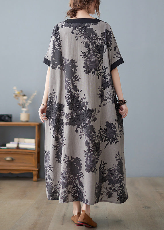 Women Grey Print Patchwork Maxi Dresses Short Sleeve