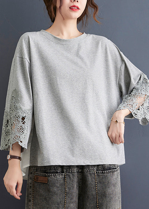 Women Grey Ruffled Lace Patchwork Cotton Tops Spring