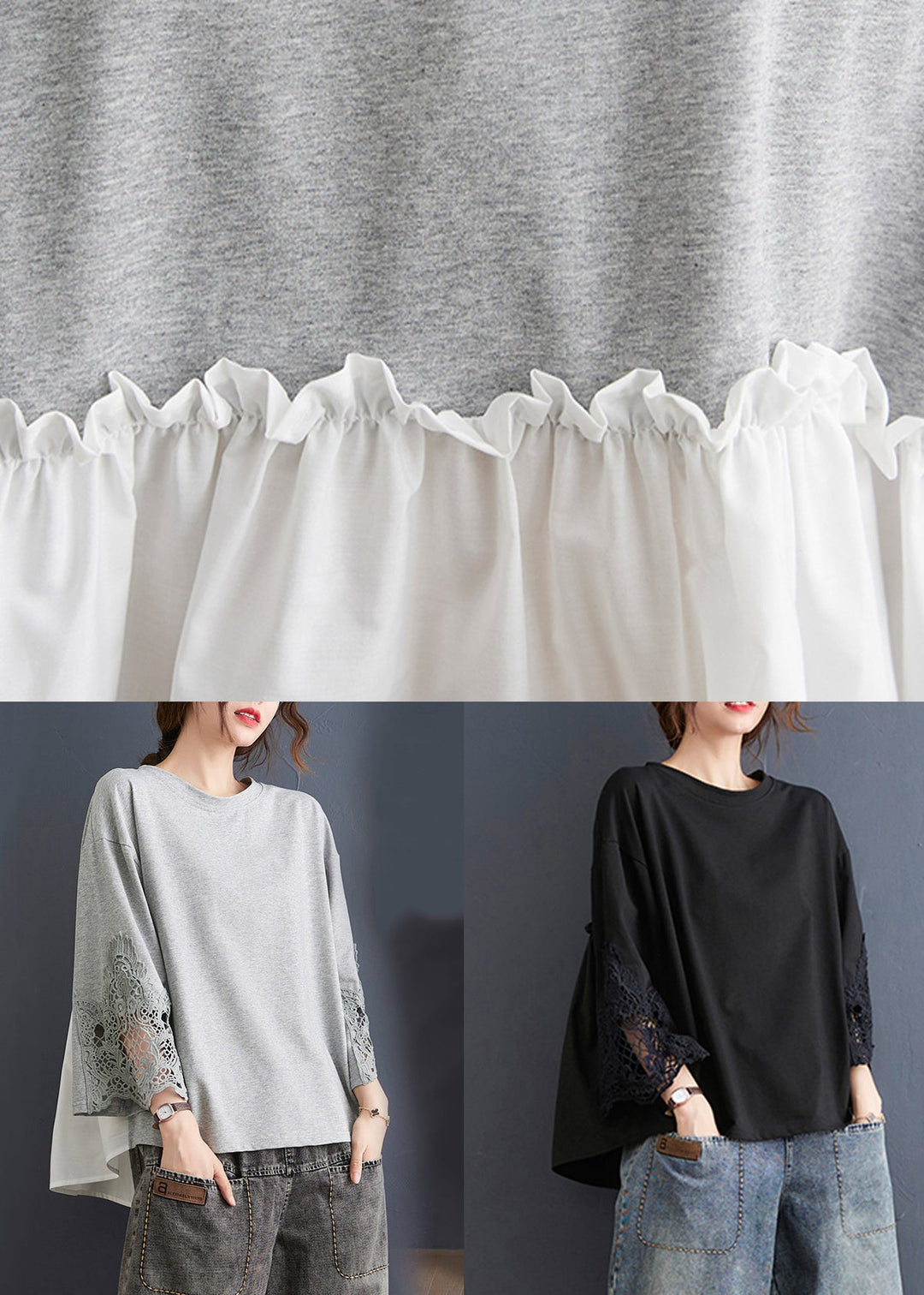 Women Grey Ruffled Lace Patchwork Cotton Tops Spring