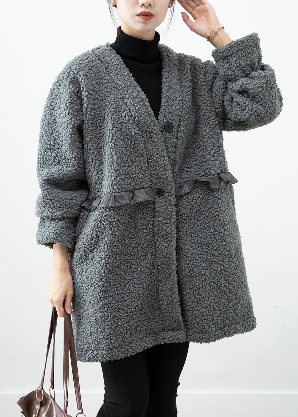 Women Grey Ruffled Patchwork Faux Fur Coat Winter