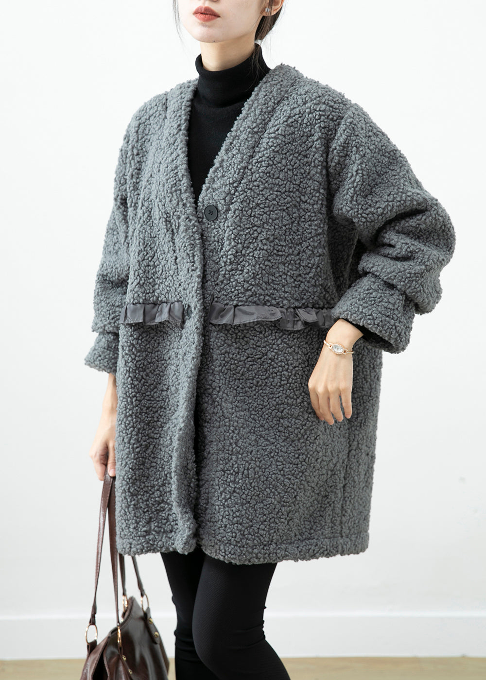 Women Grey Ruffled Patchwork Faux Fur Coat Winter