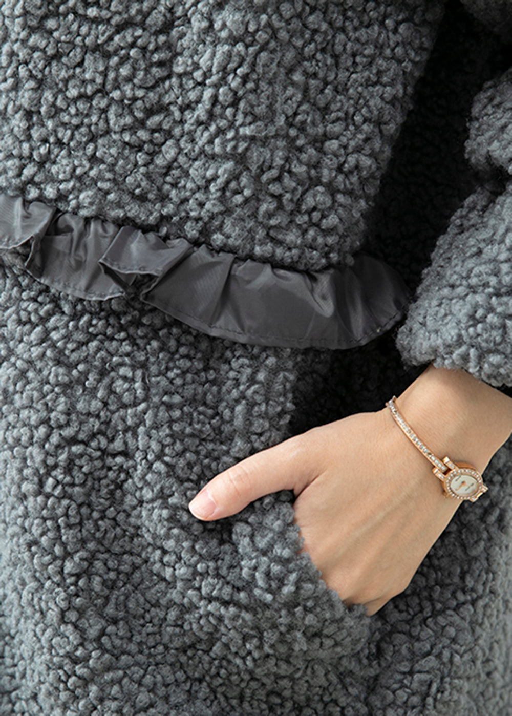 Women Grey Ruffled Patchwork Faux Fur Coat Winter