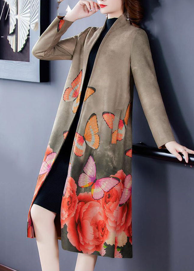 Women Grey V Neck Butterfly Print Faux Suede Coats Long Sleeve